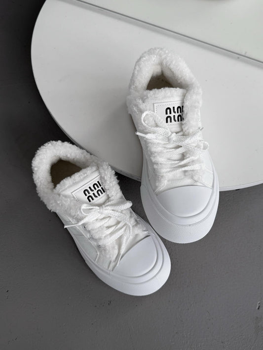 White Platform Sneakers With Faux Fur Trim
