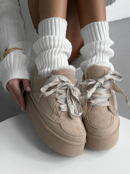 Beige Platform Sneakers With Oversized Wool-Effect Laces