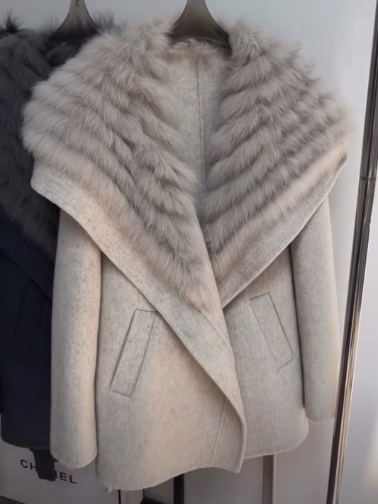 Ivory Wool-Blend Coat With Oversized Fur Collar