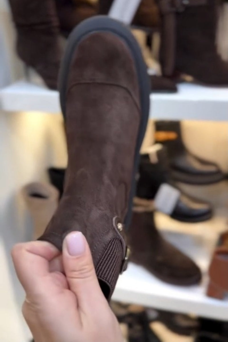 Brown Ankle Boots With Grooved Sole And Strap Detail