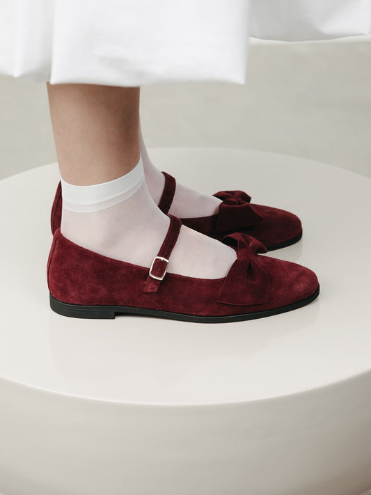 Burgundy Velvet Mary Janes With Bow Detail
