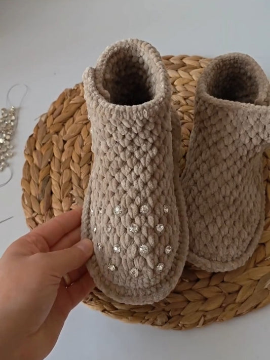 Beaded Knit Slipper Boots With Rhinestone Embellishments