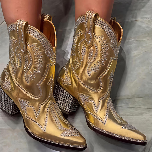 Crystal Stud Detailing Mid-heel Pointed Toe Western Boots