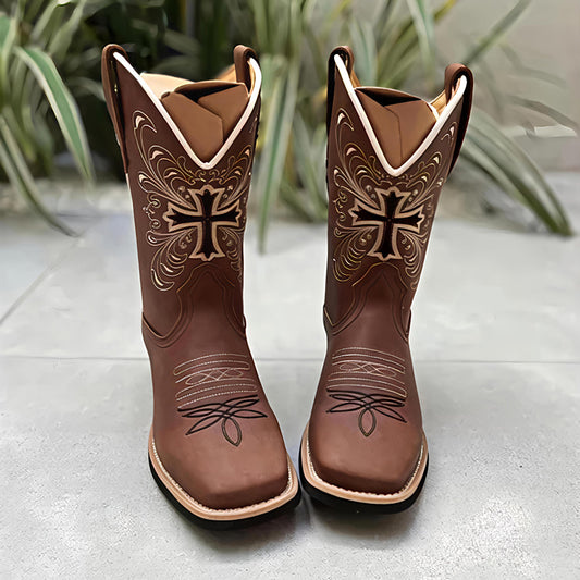 Square-toed Embroidered Leather Western Boots