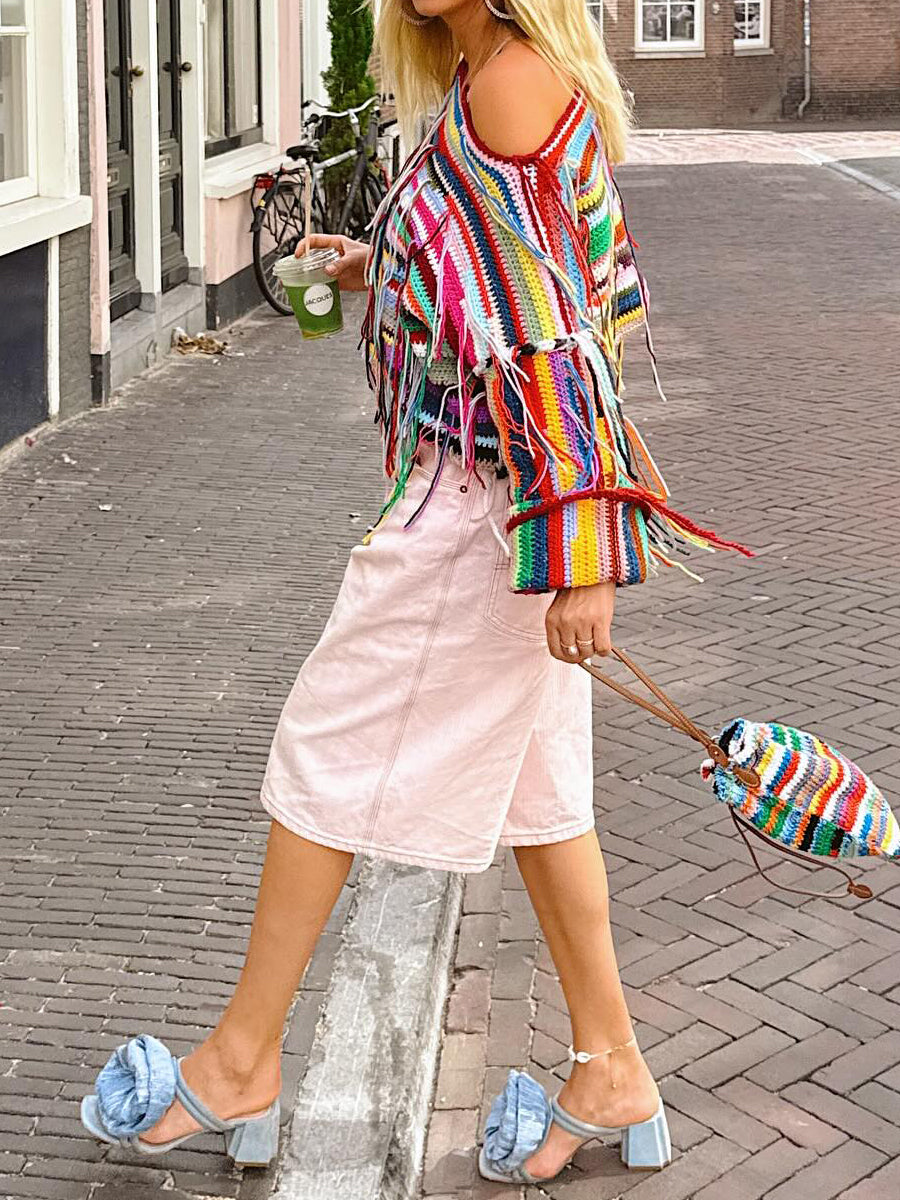 Skew Neck Fringed Multicolor Knit Sweater