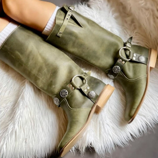 Square Toe Low Heel Buckle Boots