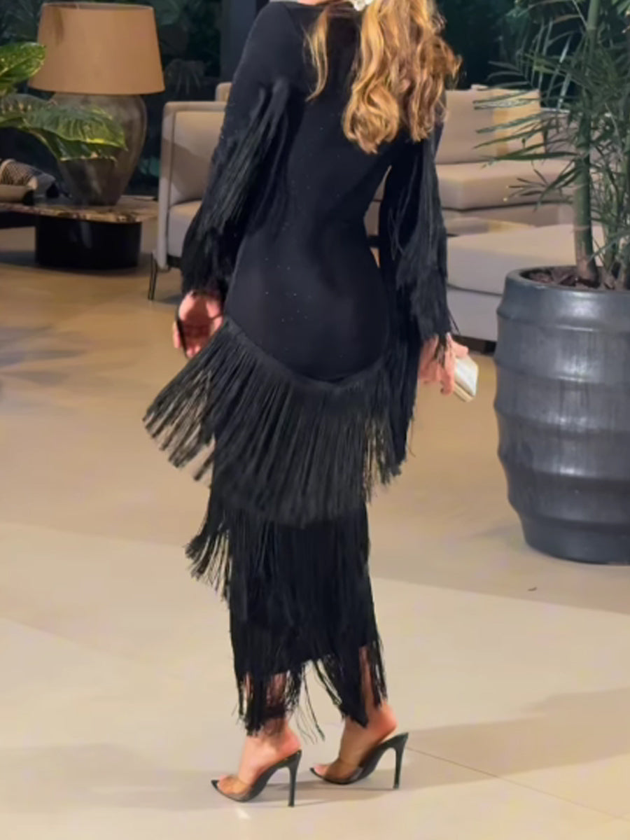 Deep V Neck Tassel Glitter Dress