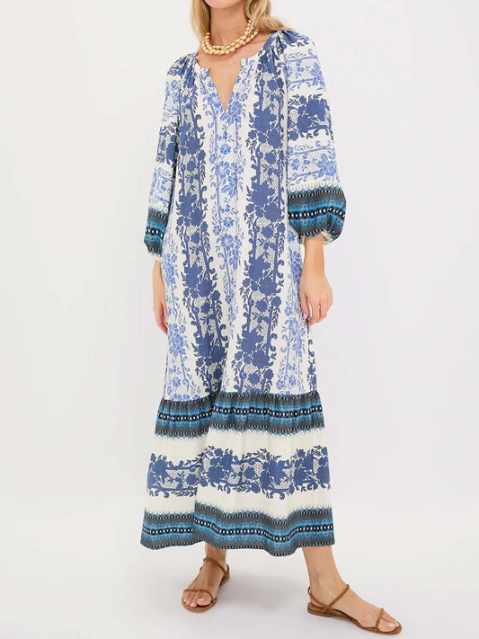 Split Neck Printed Long Slleve Maxi Dress
