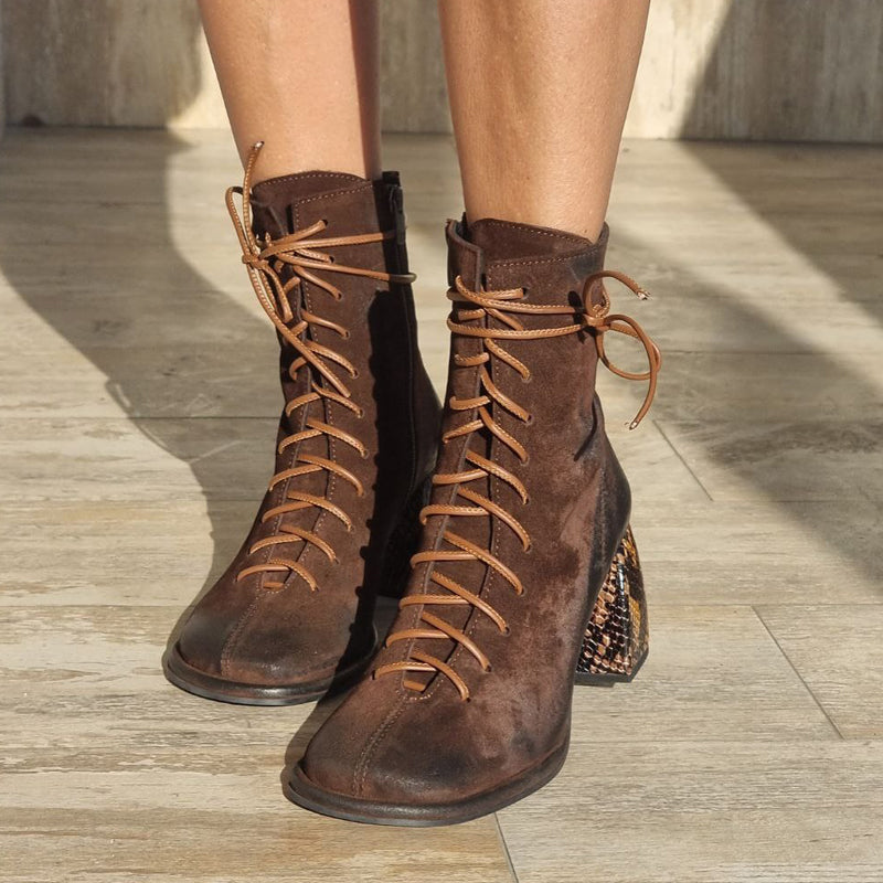 Square Heels Lace Up Ankle Boots