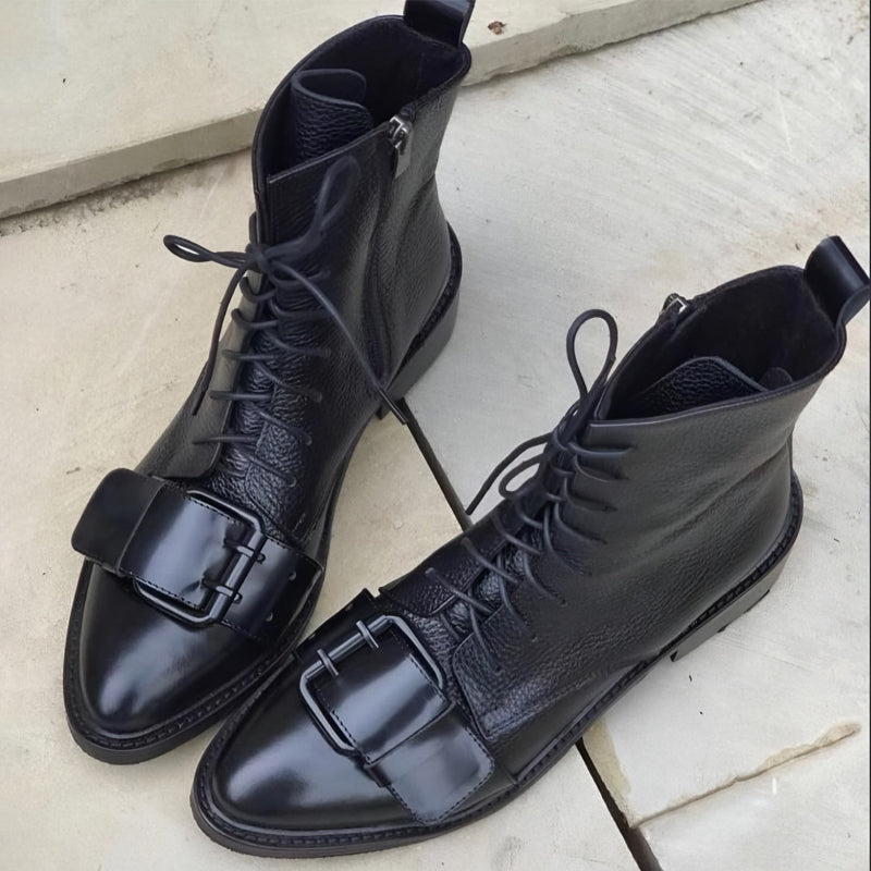 Point-Toe Buckle Lace-Up Flat Boots
