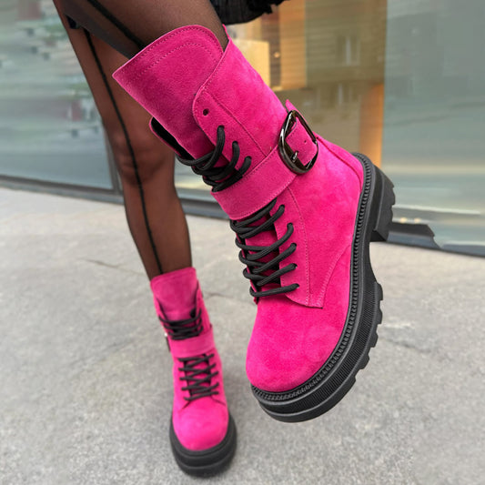 Frosted Round-Toe Lace-Up Ankle Boots