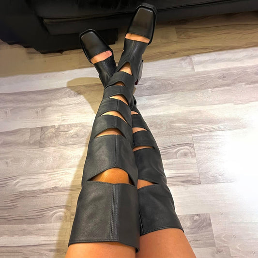 Thick Heel Cutout Over-the-Knee Boots