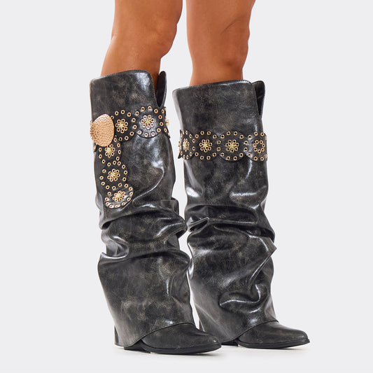 Faux Leather Belt Pointed Toe Boots