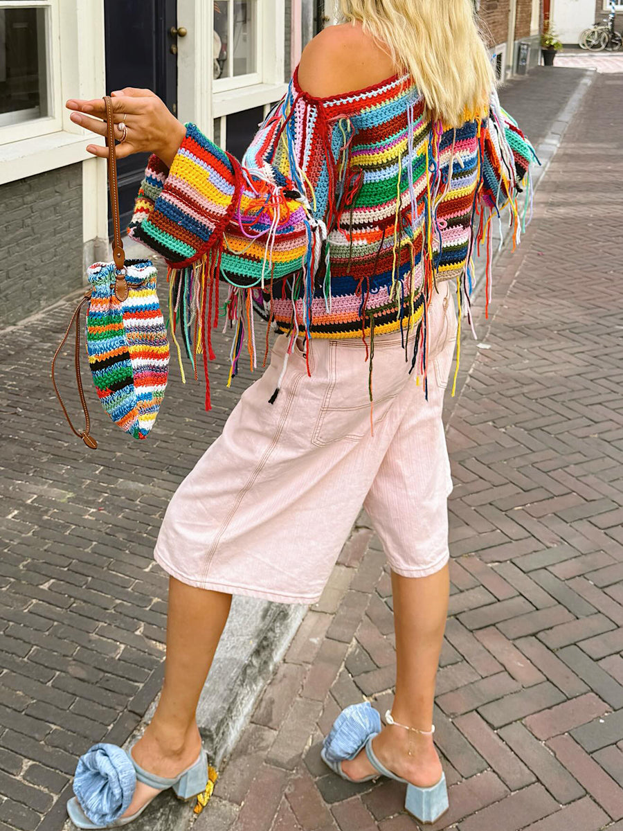 Skew Neck Fringed Multicolor Knit Sweater