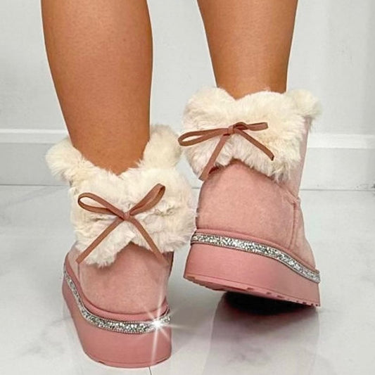 Crystal Trim Plush Faux Fur Slip-on Boots