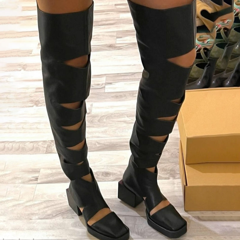 Thick Heel Cutout Over-the-Knee Boots
