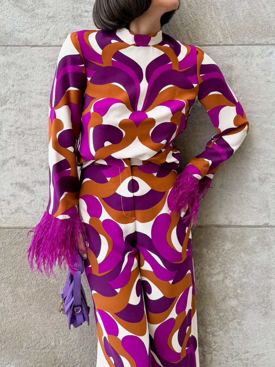 Feather Trim Printed Two Pieces Set