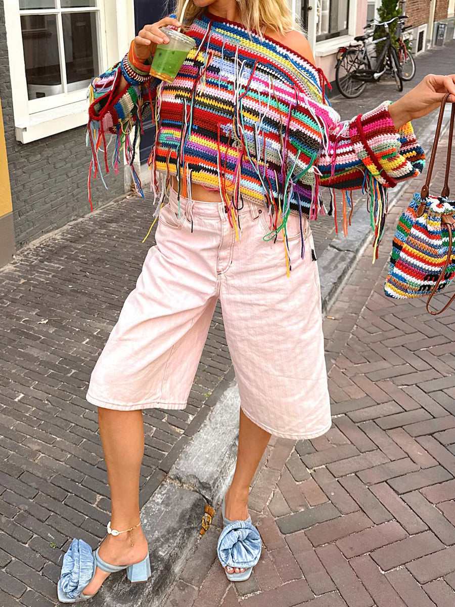 Skew Neck Fringed Multicolor Knit Sweater