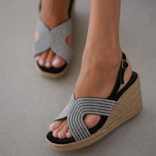 Rhinestone Sparkle Straw Wedge Sandals