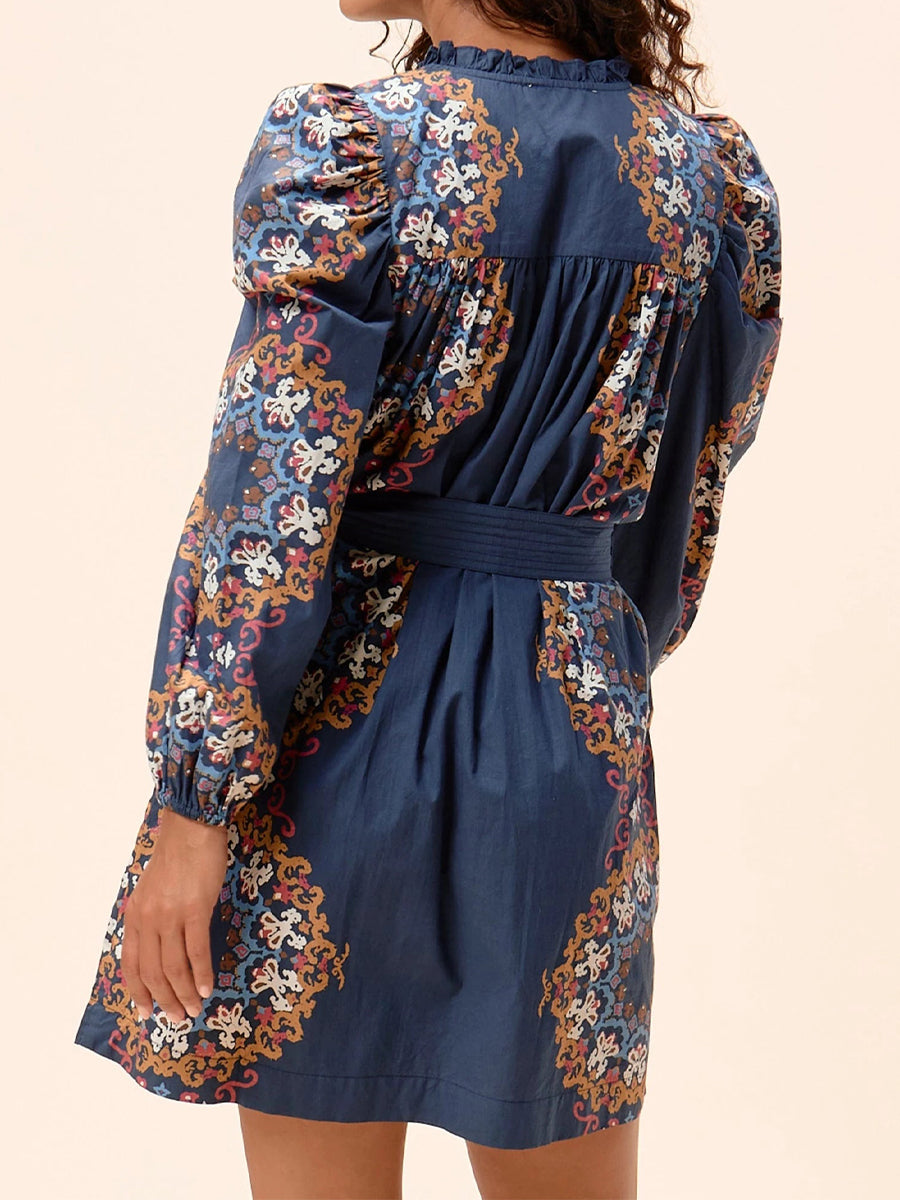 Printed Ruched Sleeve Ruffled Neck Dress