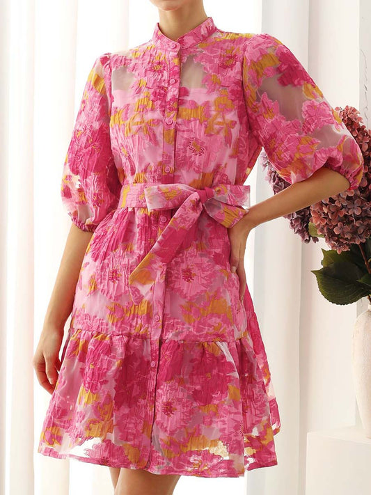 Floral Jacquard Puff Sleeves Organza Dress