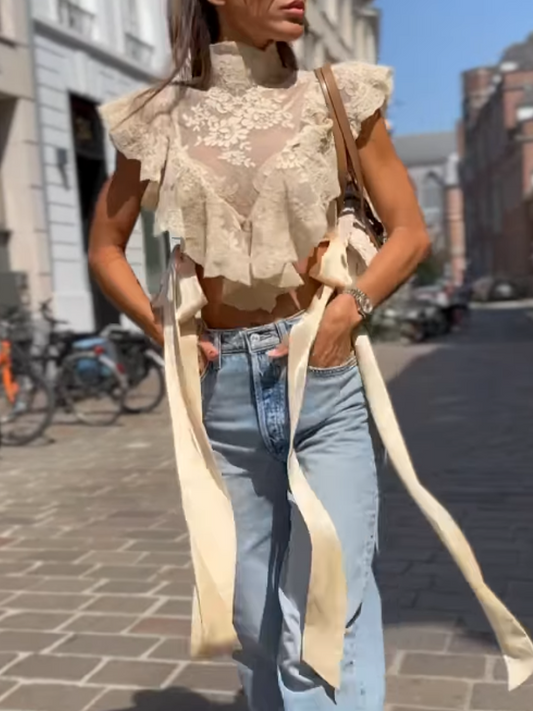 Lace Cut-Out Lace-Up Top