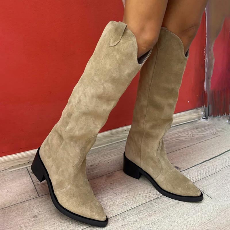 Pointed Thick-Heel Patchwork Boots