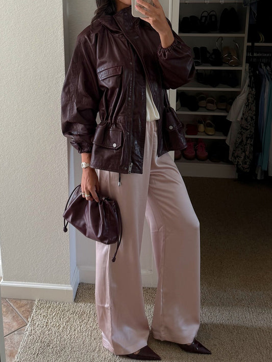 Stand Collar PU Elastic Cuffs Jacket