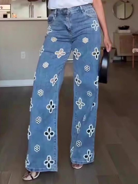 Embroidered Pearl Hollow-out Stretch Straight Pants