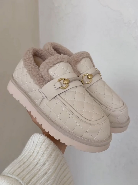 Quilted Leather Loafers With Shearling Trim