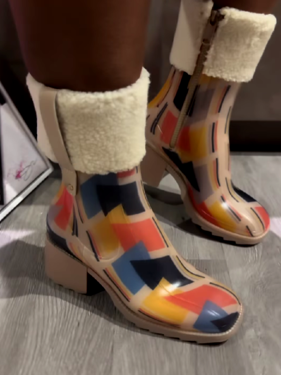 Square-Toe Coarse-Heeled Multicolor Velvet Boots