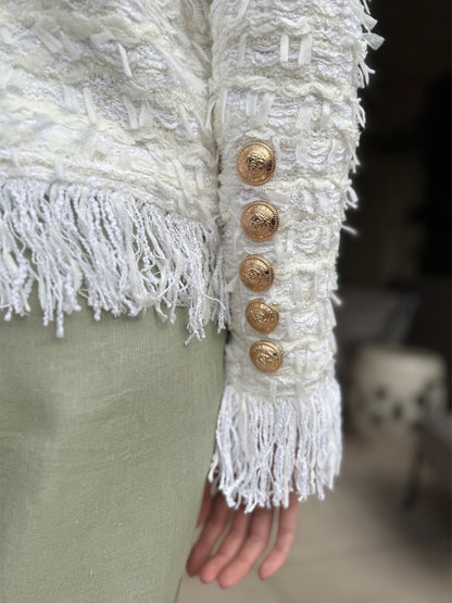Elegant Fringed Metal Button Cardigan Jacket
