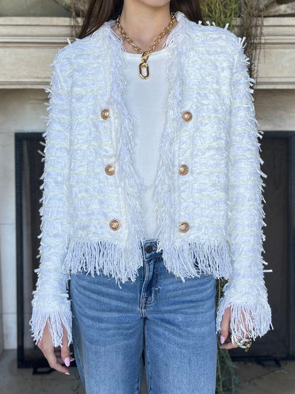Elegant Fringed Metal Button Cardigan Jacket