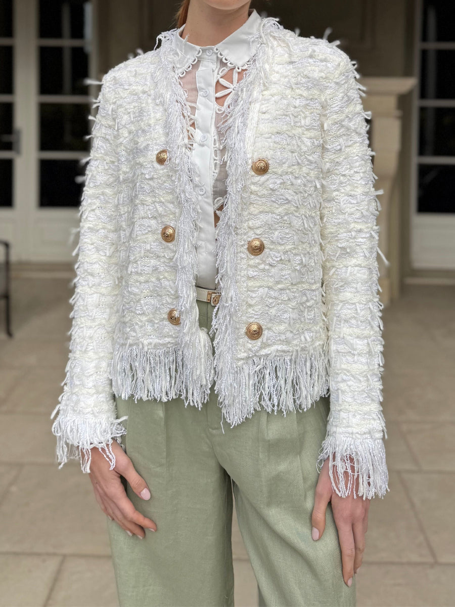 Elegant Fringed Metal Button Cardigan Jacket