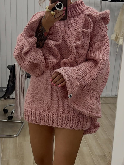 Oversized Ruffle Bell Sleeves Sweater Chunky Dress