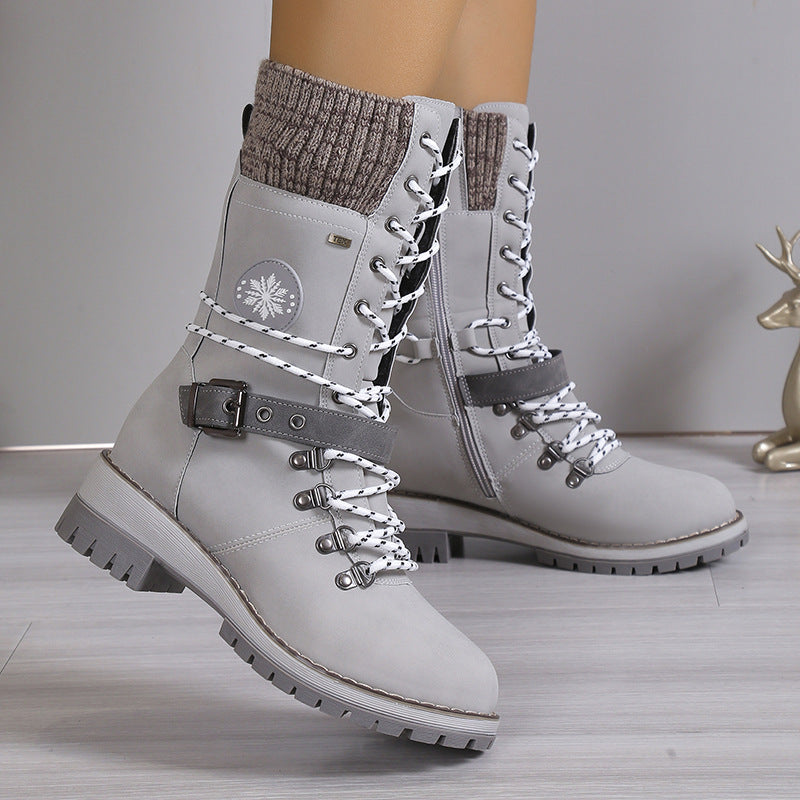 Knit Cuff & Buckle Lace-Up Snow Boots