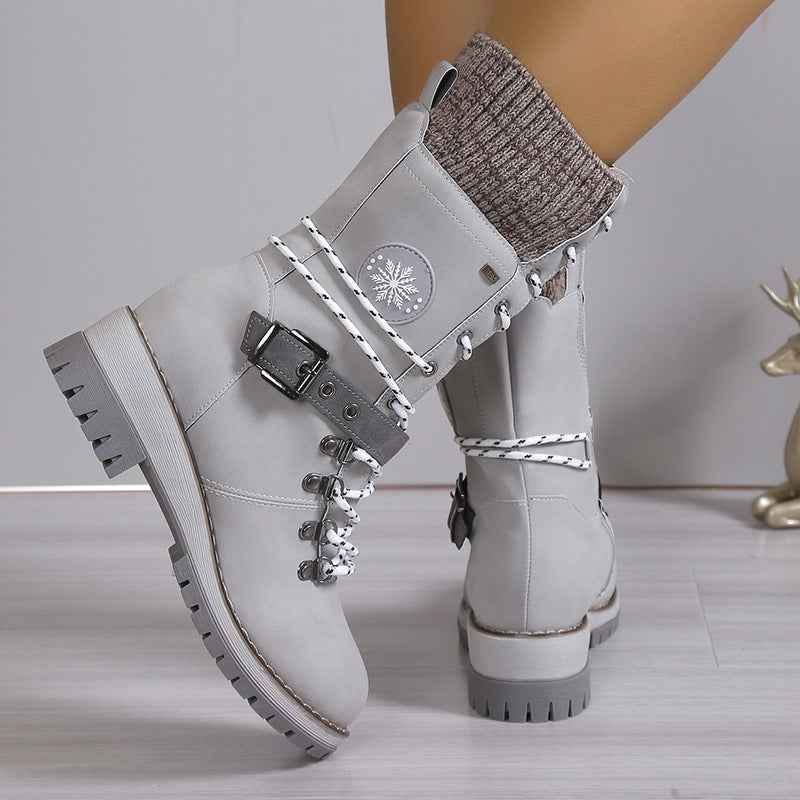 Knit Cuff & Buckle Lace-Up Snow Boots