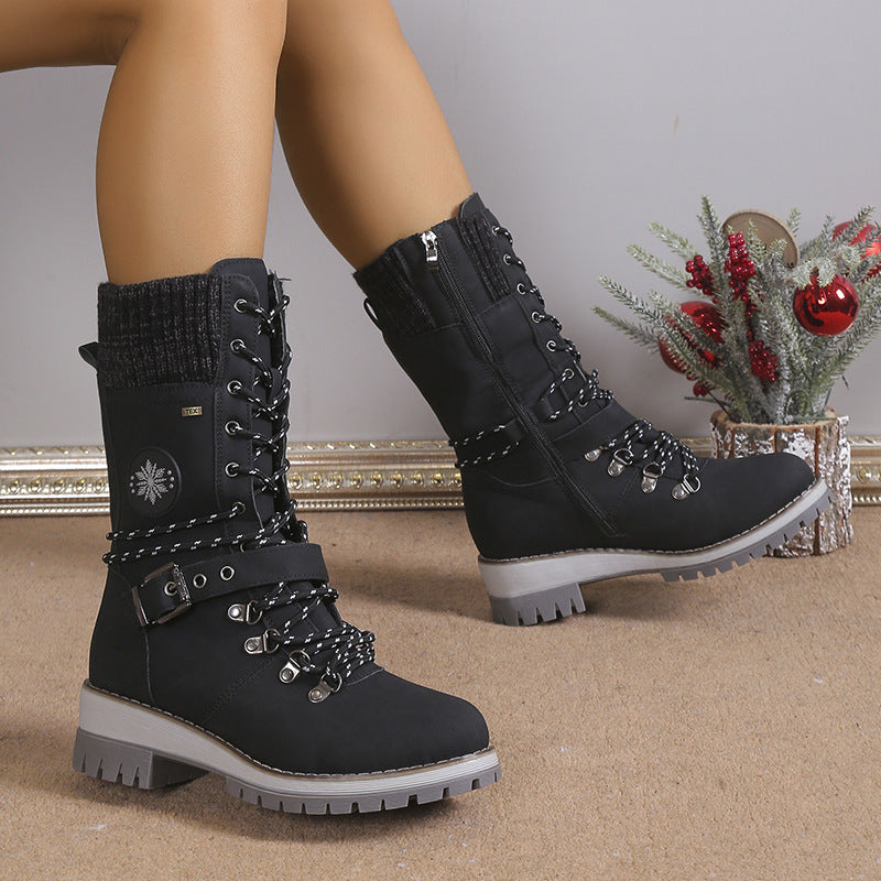 Knit Cuff & Buckle Lace-Up Snow Boots