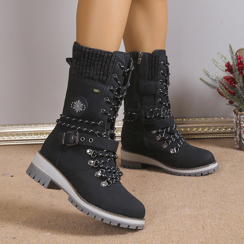 Knit Cuff & Buckle Lace-Up Snow Boots