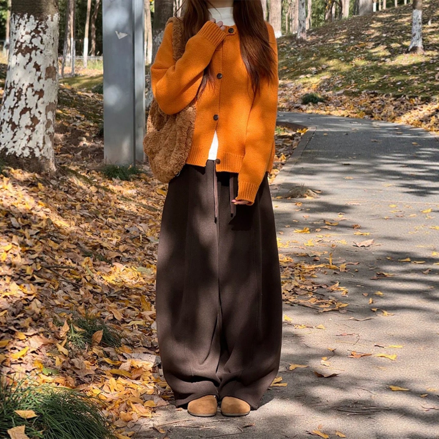 Brown Wide-leg Pants with Fleece Lining