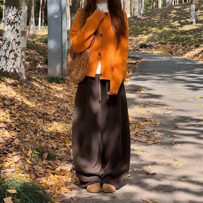 Brown Wide-leg Pants with Fleece Lining