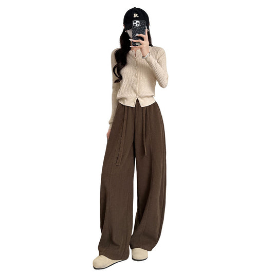 Brown Wide-leg Pants with Fleece Lining