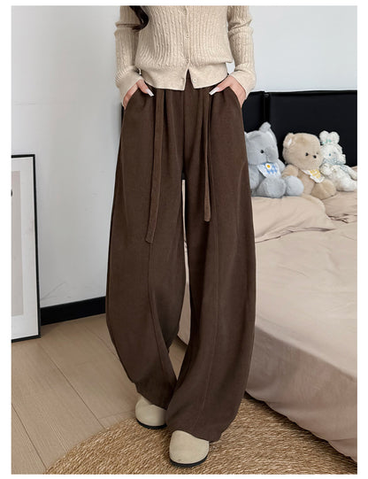Brown Wide-leg Pants with Fleece Lining