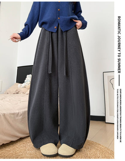 Brown Wide-leg Pants with Fleece Lining