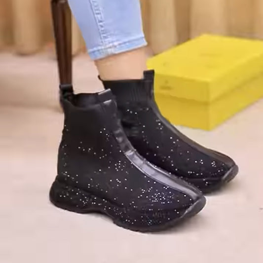Rhinestone Sparkle Flat Knit Stretch Boots
