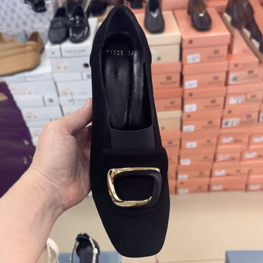 Square Toe Thick Heel Metal Decorative Shoes