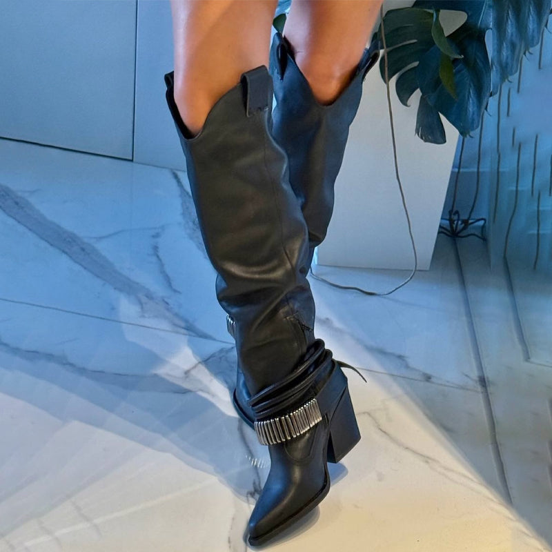 Buckle-Detail Point-Toe Chic Boots