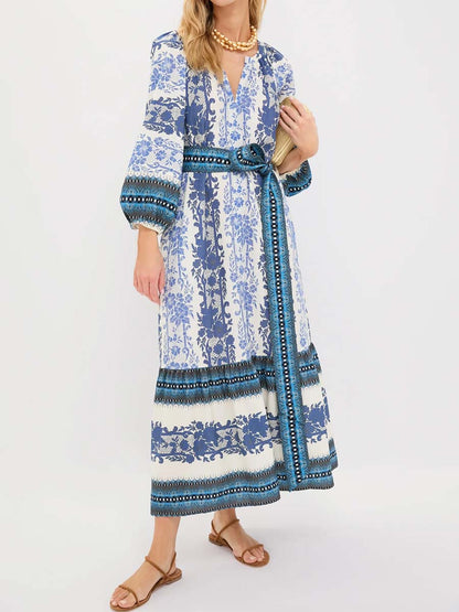 Split Neck Printed Long Slleve Maxi Dress