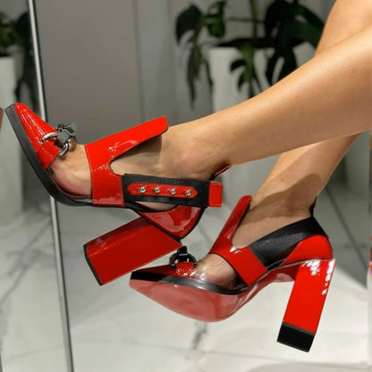Point-toe Chunky Heel Cut-out Heels