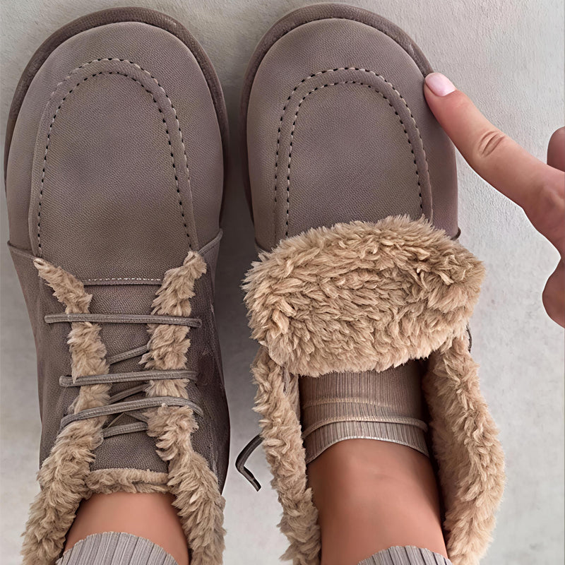 Round Toe Plush Lace-Up Flat Boots
